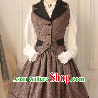 Traditional Classic Women Clothing, Traditional Classic Woolen Dress, British Restoring Ancient Striped Wool Vest and Long Skirt Complete Set for Women