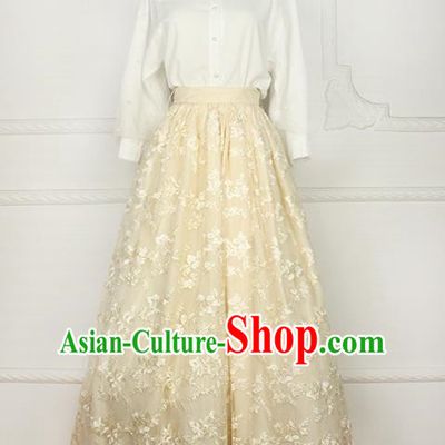 Traditional Classic Elegant Women Costume Bust Skirt, Restoring Ancient Princess Embroidery Lace Long Giant Swing Skirt for Women
