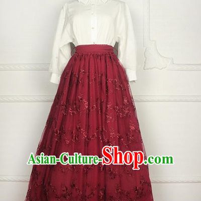 Traditional Classic Elegant Women Costume Bust Skirt, Restoring Ancient Princess Embroidery Lace Long Giant Swing Skirt for Women