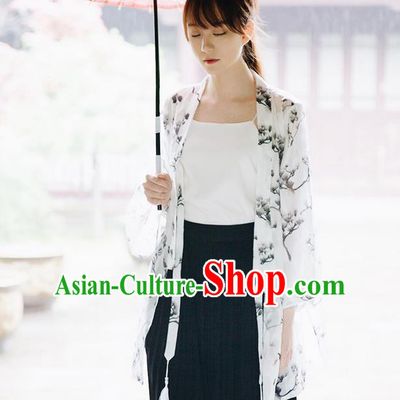Traditional Japanese Restoring Ancient Kimono Costume Haori Signature Cotton Smock, China Kimono Modified Tassel Michelia Alba Long Cardigan for Women