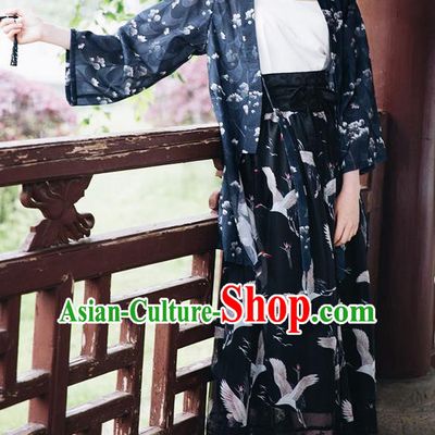 Traditional Japanese Restoring Ancient Kimono Costume Crane Bust Skirt, China Kimono Modified Crane Chiffon Long Skirt for Women