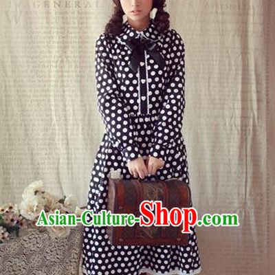 Traditional Classic Elegant Women Costume One-Piece Dress, Restoring Ancient Princess Wave Point Long-Sleeved Dress Dress for Women