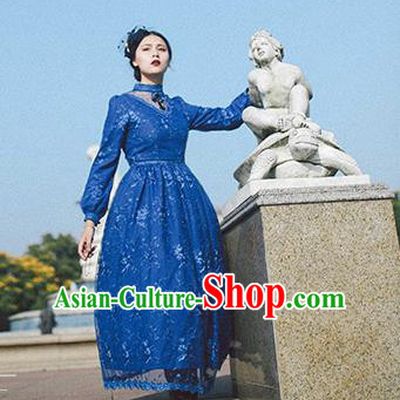 Traditional Classic Elegant Women Costume Palace One-Piece Dress, Restoring Ancient Gothic Princess Royal Lace Long Dress for Women