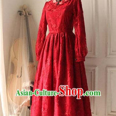 Traditional Classic Elegant Women Costume Palace One-Piece Dress, Restoring Ancient Gothic Princess Royal Lace Long Dress for Women