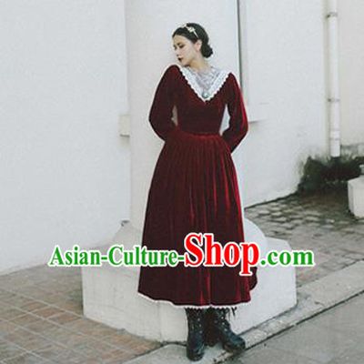 Traditional Classic Elegant Women Costume Palace Velvet One-Piece Dress, Restoring Ancient Princess Royal Pleuche Long Dress for Women