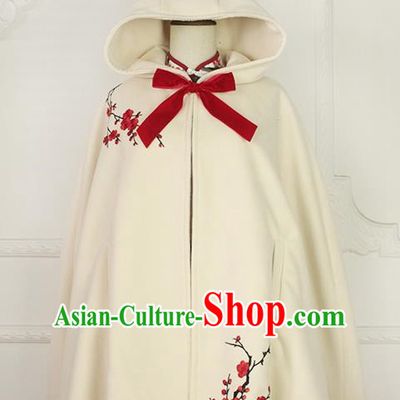 Traditional Classic Chinese Elegant Women Costume Hanfu Woolen Cloak, Restoring Ancient Embroider Plum Blossom Cape for Women