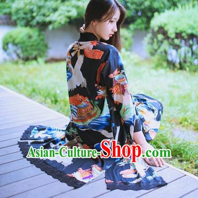 Traditional Japanese Restoring Ancient Kimono Costume Crane Smock, China Modified Long Cardigan for Women