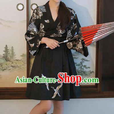 Traditional Japanese Restoring Ancient Kimono Costume Crane Bust Skirt, China Kimono Modified Short Skirt Embroidery Pleated Skirt for Women
