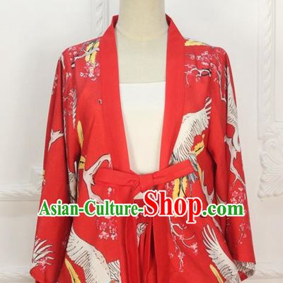 Traditional Japanese Restoring Ancient Kimono Costume Crane Smock, China Red Modified Short Cardigan Jacket for Women