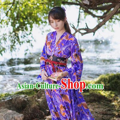 Traditional Japanese Restoring Ancient Kimono Costume Fancy Carp One-Piece Dress, China Modified Cross Collar Silk Dress for Women
