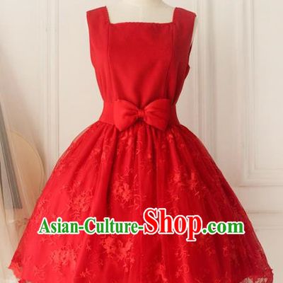 Traditional Classic Elegant Women Costume Woolen One-Piece Dress, Restoring Ancient Princess Wool Lace Red Jumper Skirt for Women