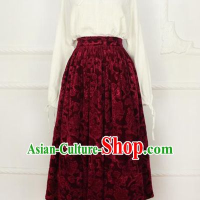Traditional Classic Elegant Women Costume Engraving Bust Skirt, Restoring Ancient Princess Velvet Skirt Giant Swing Skirt for Women