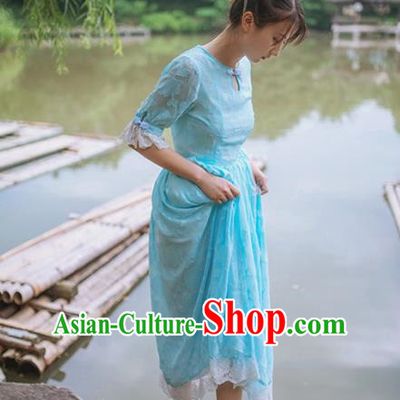 Traditional Classic Chinese Elegant Women Costume One-Piece Dress, Chinese Cheongsam Restoring Ancient Princess Stand Collar Long Dress for Women