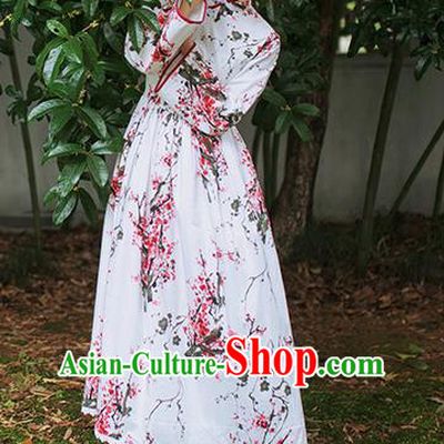 Traditional Classic Chinese Elegant Women Costume Plate Buckles One-Piece Dress, Chinese Cheongsam Restoring Ancient Princess Ink Plum Blossom Dress for Women