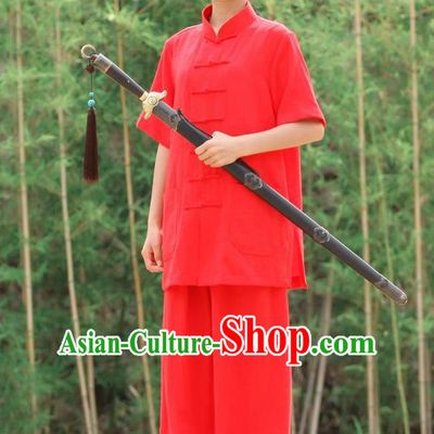 Traditional Chinese Wudang Linen Uniform Taoist Nun Uniform Kungfu Kung Fu Clothing Clothes Pants Shirt Supplies Wu Gong Outfits, Chinese Short-Sleeve Tang Suit Wushu Clothing Tai Chi Suits Uniforms for Women