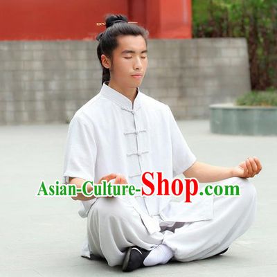 Traditional Chinese Wudang Uniform Taoist Uniform Priest Frock Complete Set Linen Kungfu Kung Fu Short Sleeve Clothing Clothes Pants Slant Opening Shirt Supplies Wu Gong Outfits, Chinese Tang Suit Wushu Clothing Tai Chi Suits Uniforms for Men