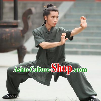 Traditional Chinese Wudang Uniform Taoist Uniform Priest Frock Complete Set Linen Kungfu Kung Fu Short Sleeve Clothing Clothes Pants Slant Opening Shirt Supplies Wu Gong Outfits, Chinese Tang Suit Wushu Clothing Tai Chi Suits Uniforms for Men