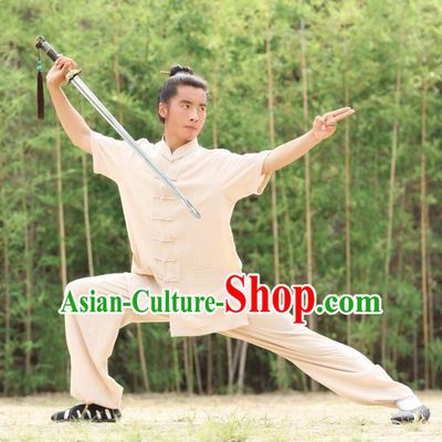 Traditional Chinese Wudang Uniform Taoist Uniform Priest Frock Complete Set Linen Kungfu Kung Fu Short Sleeve Clothing Clothes Pants Slant Opening Shirt Supplies Wu Gong Outfits, Chinese Tang Suit Wushu Clothing Tai Chi Suits Uniforms for Men