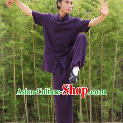 Traditional Chinese Wudang Uniform Taoist Uniform Priest Frock Complete Set Linen Kungfu Kung Fu Short Sleeve Clothing Clothes Pants Slant Opening Shirt Supplies Wu Gong Outfits, Chinese Tang Suit Wushu Clothing Tai Chi Suits Uniforms for Men