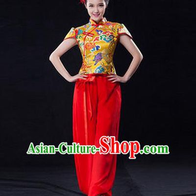Traditional Chinese Classical Ink Painting Yangko Dance Dress, Yangge Fan Dancing Costume, Folk Dance Yangko Costume for Women