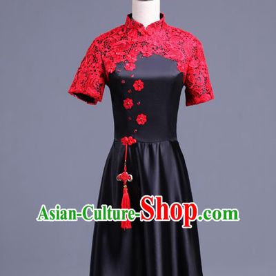 Traditional Chinese Classical Ink Painting Yangko Dance Cheongsam Dress, Yangge Fan Dancing Costume Chorus Suits, Folk Dance Yangko Costume for Women