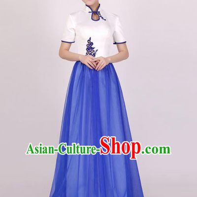 Traditional Chinese Classical Blue and White Porcelain Modern Dance Cheongsam Dress, Yangge Fan Dancing Costume Chorus Suits, Folk Dance Yangko Costume for Women
