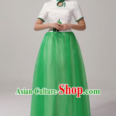 Traditional Chinese Classical Blue and White Porcelain Modern Dance Cheongsam Dress, Yangge Fan Dancing Costume Chorus Suits, Folk Dance Yangko Costume for Women