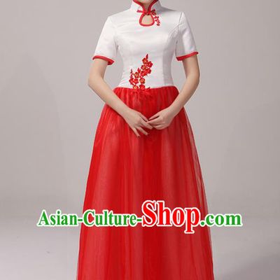 Traditional Chinese Classical Blue and White Porcelain Modern Dance Cheongsam Dress, Yangge Fan Dancing Costume Chorus Suits, Folk Dance Yangko Costume for Women