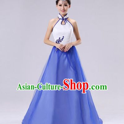 Traditional Chinese Classical Blue and White Porcelain Modern Dance Cheongsam Dress, Yangge Fan Dancing Costume Chorus Suits, Folk Dance Yangko Costume for Women