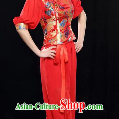Traditional Chinese Classical Yangko Dance Dress, Yangge Fan Dancing Costume Puff Sleeve Yangko Suits, Folk Dance Yangko Costume for Women