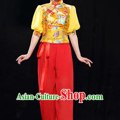 Traditional Chinese Classical Yangko Dance Dress, Yangge Fan Dancing Costume Puff Sleeve Yangko Suits, Folk Dance Yangko Costume for Women