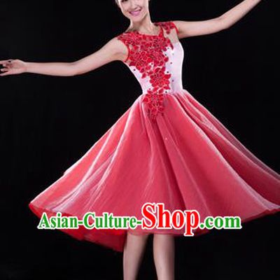 Traditional Chinese Classical Modern Dance Bubble Dress, Yangge Fan Dancing Costume Chorus Suits, Folk Dance Yangko Costume for Women