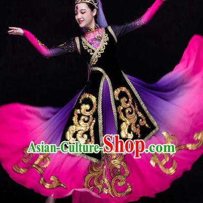 Traditional Chinese Uyghur Nationality Dancing Costume, Folk Dance Ethnic Costume, Chinese Xinjiang Uyghur Minority Nationality Dancing Costume for Women