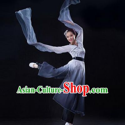 Traditional Chinese Classical Twirls Ink Painting Dance Dress, Long Water-Sleeve Dancing Costume Umbrella Dance Suits, Folk Dance Yangko Costume for Women