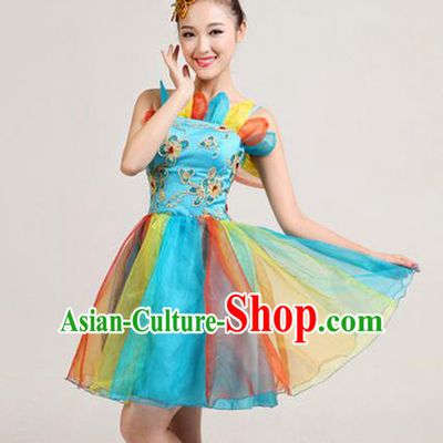Traditional Chinese Classical Modern Dance Colorful Bubble Dress, Yangge Fan Dancing Costume Umbrella Dance Suits, Folk Dance Yangko Costume for Women