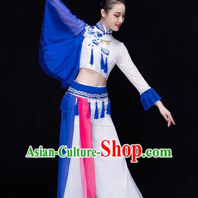 Traditional Chinese Classical Yangko Water-Sleeve Dance Blue and White Porcelain Dress, Yangge Fan Dancing Costume Umbrella Dance Suits, Folk Dance Yangko Costume for Women
