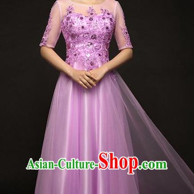 Traditional Chinese Classic Stage Performance Chorus Singing Group Lace Dress Modern Waltz Dance Costumes, Chorus Competition Costume, Compere Costumes for Women