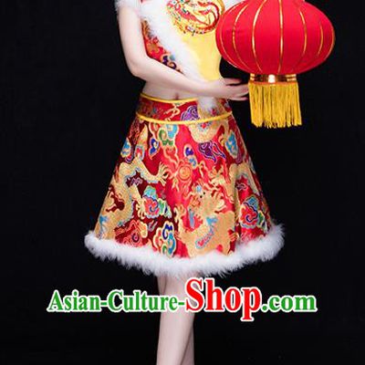 Traditional Chinese Classical Yangko Drum Dance Dress, New Year Yangge Fan Dancing Costume Umbrella Dance Suits, Folk Dance Yangko Costume for Women