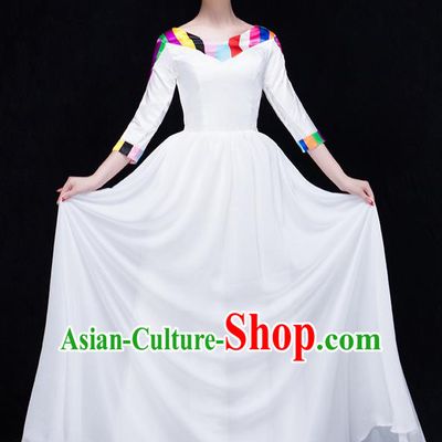 Traditional Chinese Classic Stage Performance Chorus Colorful Folk Dance Costumes Dress, Chorus Competition Costume, Compere Costumes for Women