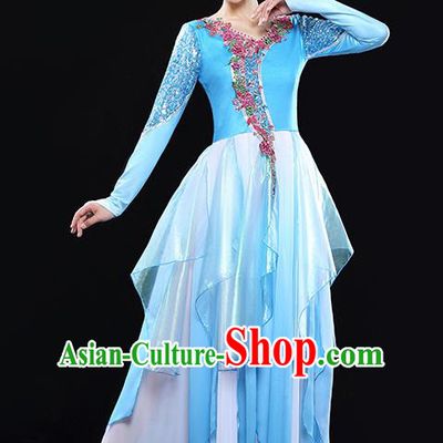 Traditional Chinese Classical Yangko Jasmine Flower Dance Gradient Dress, Yangge Fan Dancing Costume Umbrella Dance Suits, Folk Dance Yangko Costume for Women