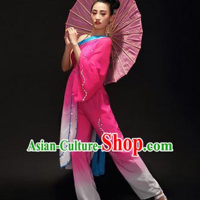 Traditional Chinese Classical Yangko Jasmine Flower Dance Gradient Dress, Yangge Fan Dancing Costume Umbrella Dance Suits, Folk Dance Yangko Costume for Women