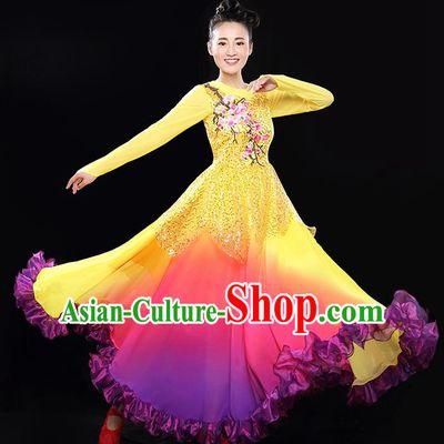 Traditional Chinese Classical Yangko Modern Dance Gradient Dress, Opening Dancing Costume Umbrella Dance Suits, Folk Dance Yangko Costume for Women