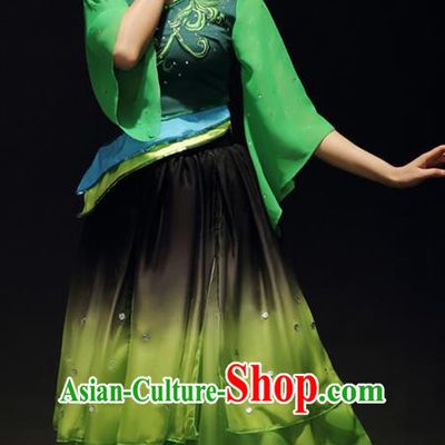 Traditional Chinese Classical Yangko Jasmine Flower Dance Gradient Dress, Yangge Fan Dancing Costume Umbrella Dance Suits, Folk Dance Yangko Costume for Women
