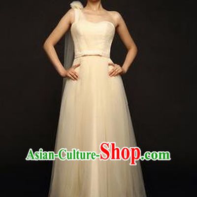 Traditional Chinese Classic Stage Performance Chorus Singing Group Dance Costumes, One Shoulder Bridesmaid Full Dress, Chorus Competition Costume, Compere Costumes for Women