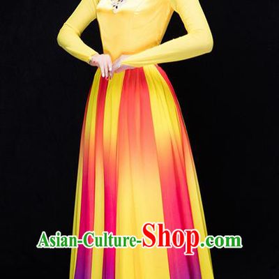 Traditional Chinese Classic Stage Performance Chorus Colorful Folk Dance Costumes Dress, Chorus Competition Costume, Compere Costumes for Women
