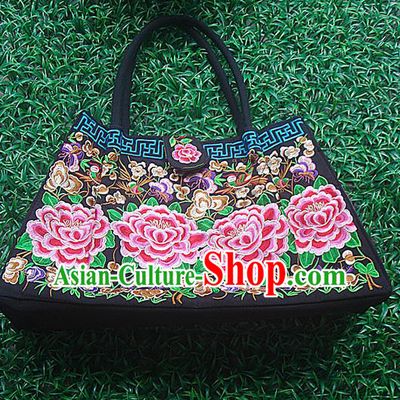 Traditional Chinese Miao Nationality Palace Handmade Double-Sided Embroidery Handbag Hmong Handmade Embroidery Canvas Bags for Women