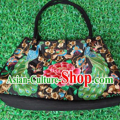Traditional Chinese Miao Nationality Palace Handmade Double-Sided Embroidery Peacock Peony Handbag Hmong Handmade Embroidery Bags for Women