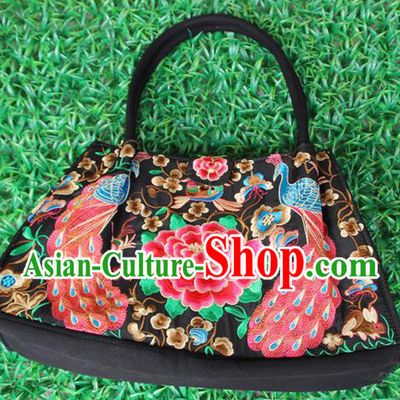 Traditional Chinese Miao Nationality Palace Handmade Double-Sided Embroidery Peacock Peony Handbag Hmong Handmade Embroidery Canvas Bags for Women