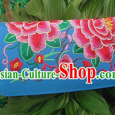 Traditional Chinese Miao Nationality Palace Handmade Double-Sided Embroidery Peony Handbag Wallet Hmong Handmade Embroidery Purse for Women