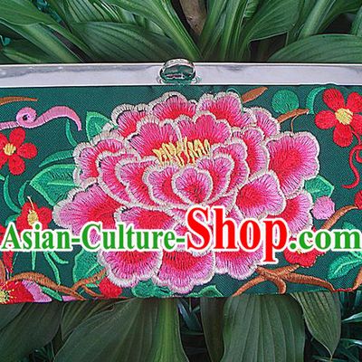 Traditional Chinese Miao Nationality Palace Handmade Double-Sided Embroidery Peony Handbag Wallet Hmong Handmade Embroidery Purse for Women